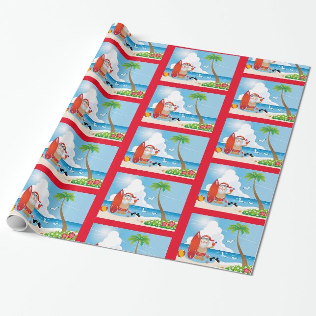 Papier Cadeau Cute Fun Modern Beach Père Noël Motif de design (Déroulé)