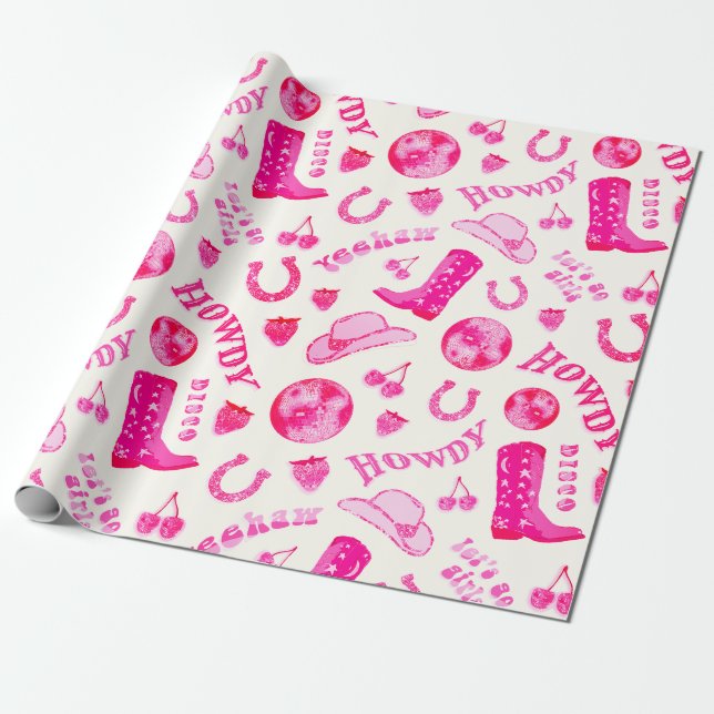 Papier Cadeau Cute Girl Rose Disco Cowgirl esthétique (Déroulé)
