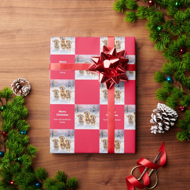 Papier Cadeau Cute Golden Retrievers In Snow Puppy Christmas (Cadeau de vacances)