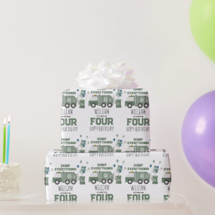 Papier Cadeau Cute Green Recycling Camion Enfants Nom Âge Annive