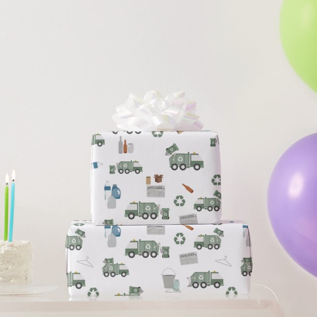 Papier Cadeau Cute Green Recycling Camion Enfants Véhicules Moti (Cadeaux de fête)