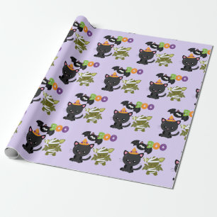 Papier Cadeau Cute Halloween Chat, chauve-souris et maman Boo