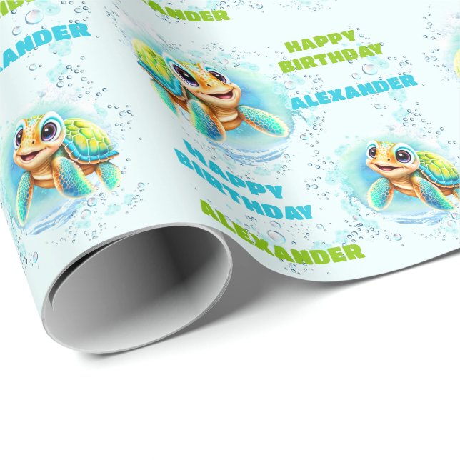 Papier Cadeau Cute Happy Sea Turtle Nom du garçon 1er anniversai (Coin rond)
