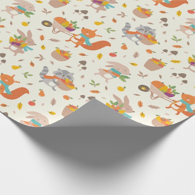 Papier Cadeau Cute Harvest Automne animaux avec légumes à la crè (Coin)