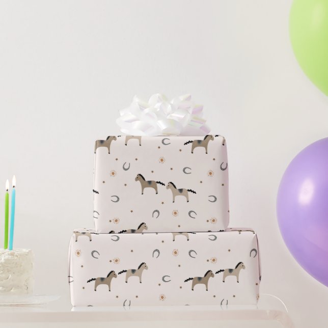 Papier Cadeau Cute Horses & Horseshoes Kids Birthday Light Beige (Cadeaux de fête)