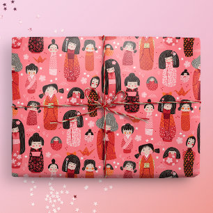 Papier Cadeau Cute Illustré japonais Kokeshi rose