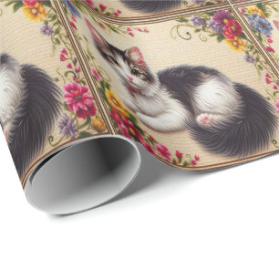 Papier Cadeau Cute Japonaise Bobtail Chat Fleurs colorées Bordur