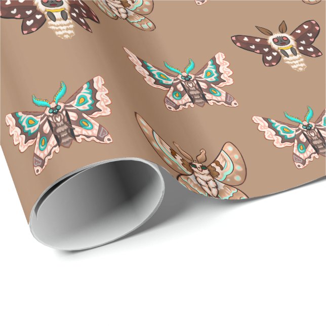 Papier Cadeau Cute Kawaii Chibi Moths on Coffee Tan (Coin rond)