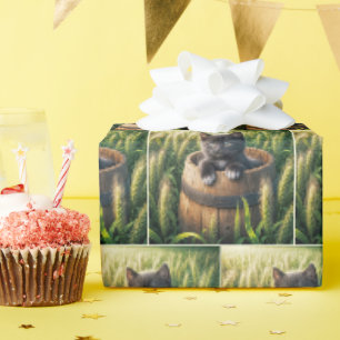 Papier Cadeau Cute Kitten dans un tonneau en bois
