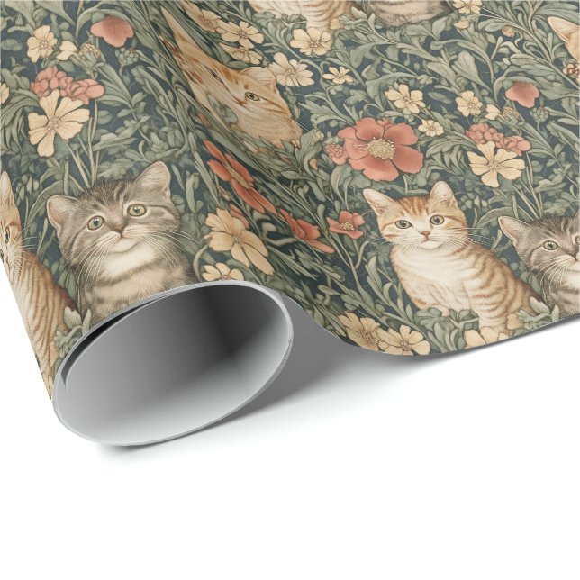 Papier Cadeau Cute Kittens dans un jardin de style William Morri (Coin rond)