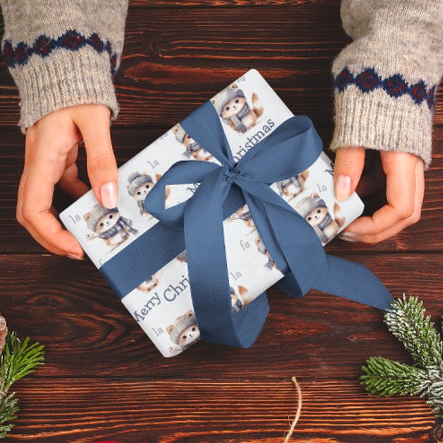 Papier Cadeau Cute Kitties Blue Fa La Joyeuse Noël (Créateur téléchargé)