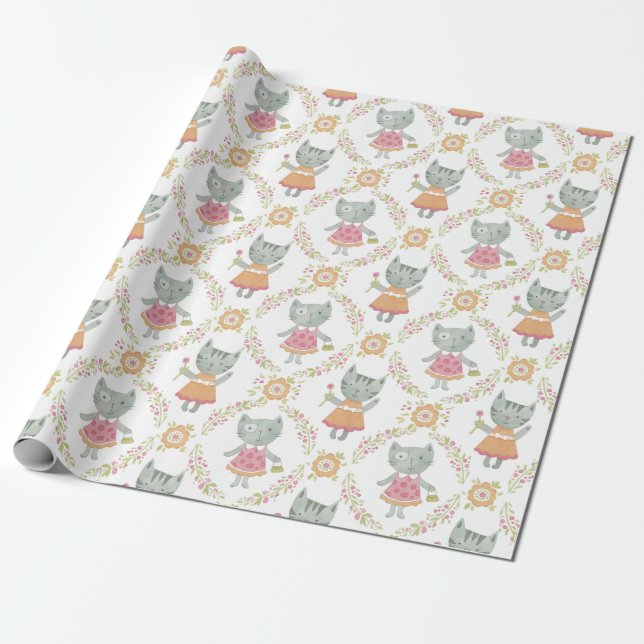 Papier Cadeau Cute Kitty Chat Fille Anniversaire (Déroulé)