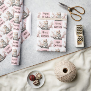 Papier Cadeau Cute Kitty En Fleurs Roses