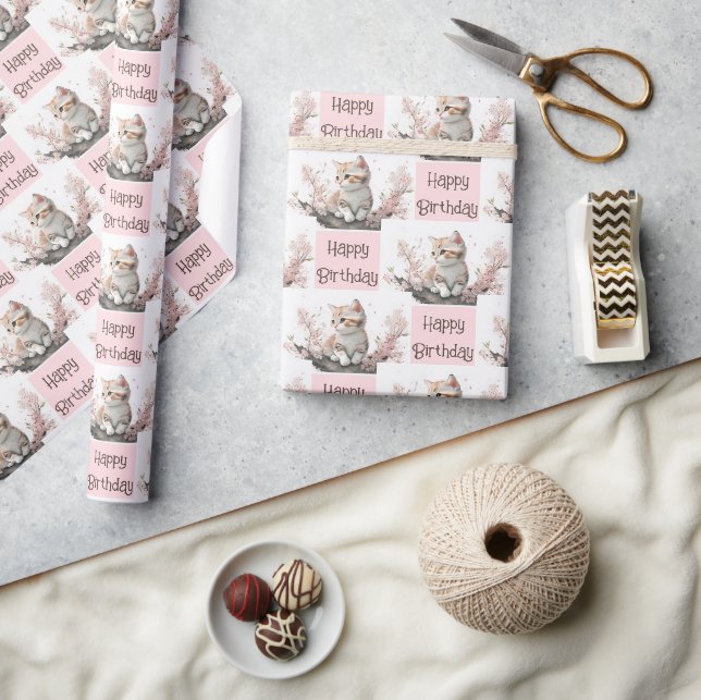 Papier Cadeau Cute Kitty En Fleurs Roses (Artisanat)
