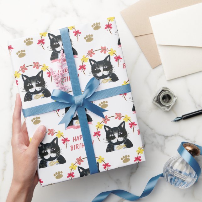 Papier Cadeau Cute Kitty rose et noir Joyeux anniversaire (Cadeaux)