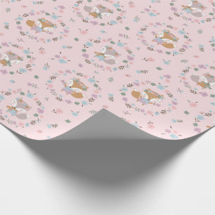 Papier Cadeau Cute Little Fall Fox avec fleurs roses