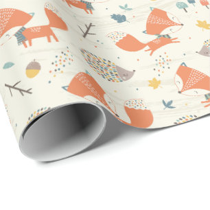 Papier Cadeau Cute Little Fox et Hedgehog avec feuilles d'automn