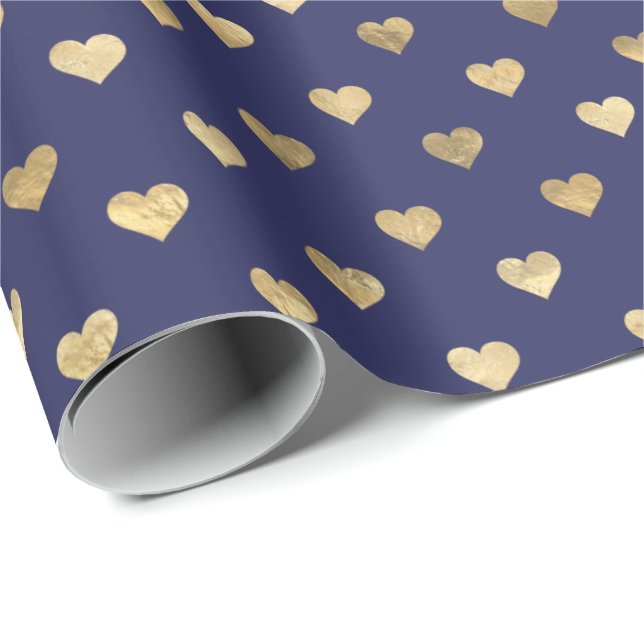 Papier Cadeau Cute Marine Blue Gold Hearts Motif  (Coin rond)
