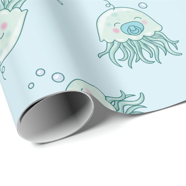 Papier Cadeau Cute méduse Baby shower Kawaii Blue Boy (Coin rond)
