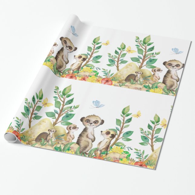 Papier Cadeau Cute Meerkats Amusants Enfants Animaux Enveloppeme (Déroulé)