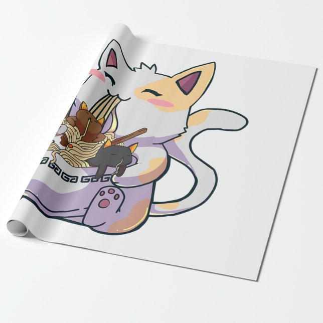 Papier Cadeau Cute Neko Cat With Ramen Noodles Bowl Anime Japon  (Déroulé)