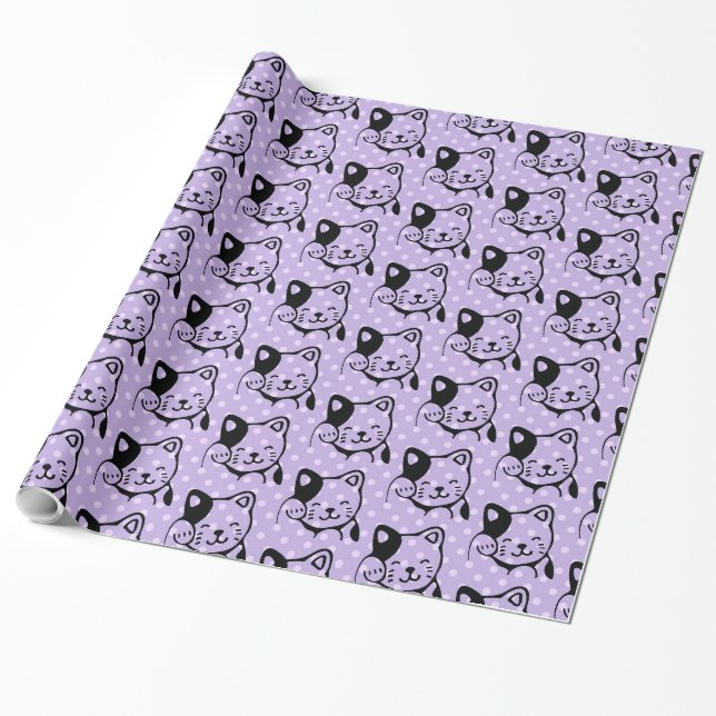 Papier Cadeau Cute noir et blanc Kitty Chat Waving Bonjour (Déroulé)