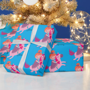 Papier Cadeau Cute Orange Haired Girl équitation sur une licorne