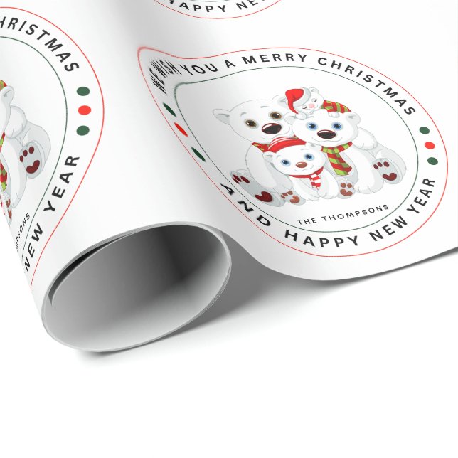 Papier Cadeau Cute Ours blanc Polaire Famille Joyeux Noël (Coin rond)