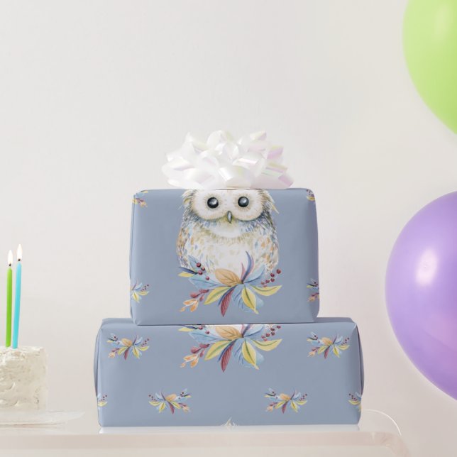 Papier Cadeau Cute Owl arrière - plan beige et bleu gris (Cadeaux de fête)
