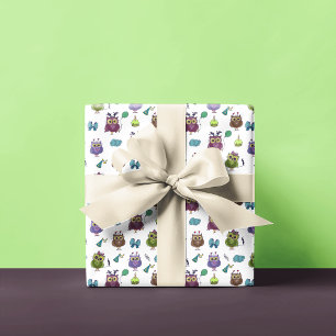 Papier Cadeau Cute Owl Motif d'anniversaire Blanc