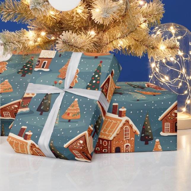 Papier Cadeau Cute pain d'épices Maisons et arbres (Vacances)