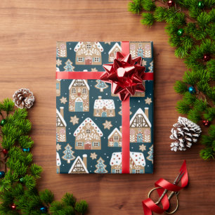 Papier Cadeau Cute pain d'épices Maisons et biscuits Noël bleu