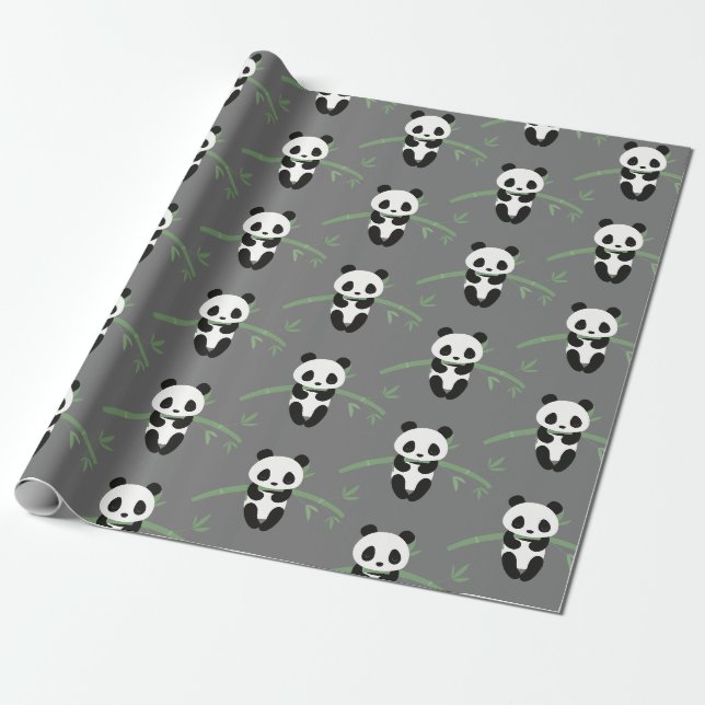 Papier Cadeau Cute Panda Bear Bambou Motif Gris (Déroulé)