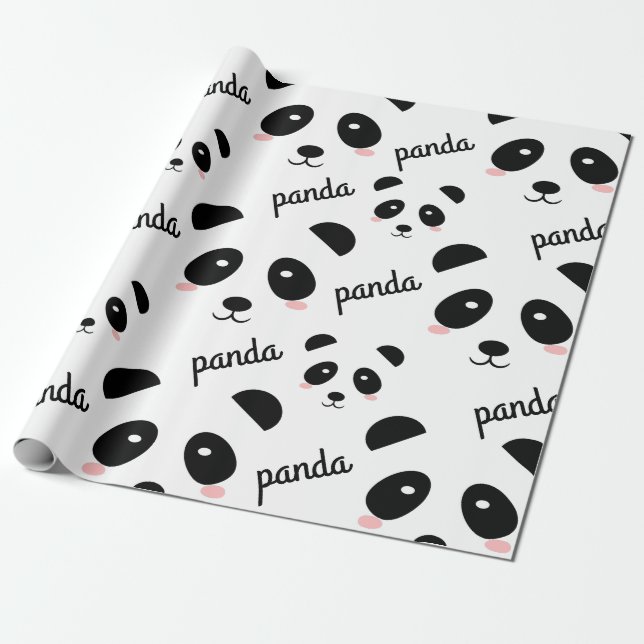 Papier Cadeau Cute Panda Face Motif Anniversaire Blanc  (Déroulé)