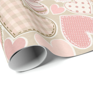 Papier Cadeau Cute Pastel Artisanat Rose Coeurs Textiles