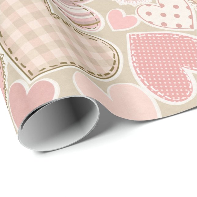Papier Cadeau Cute Pastel Artisanat Rose Coeurs Textiles (Coin rond)
