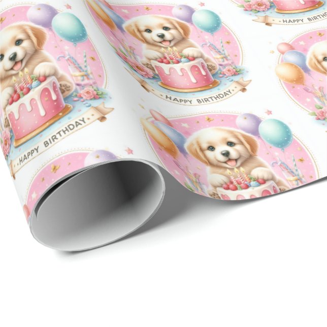Papier Cadeau Cute Pastel Chiot Labrador - Anniversaire (Coin rond)