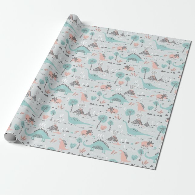 Papier Cadeau Cute Pastel Dinosaur Motif (Déroulé)