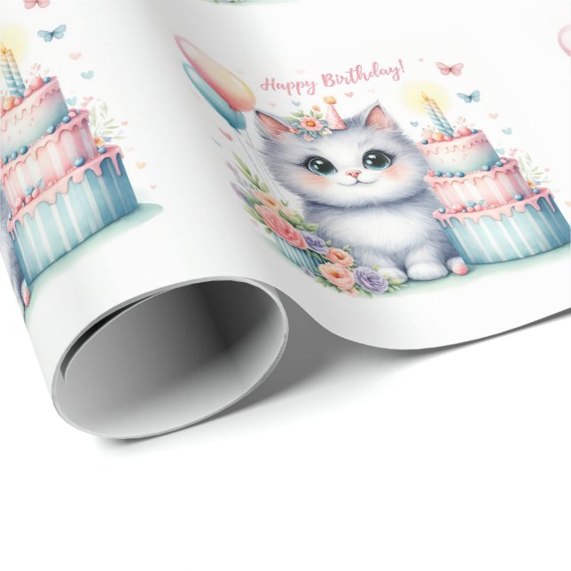 Papier Cadeau Cute Pastel Kitten Gâteau d'anniversaire - Anniver (Coin rond)