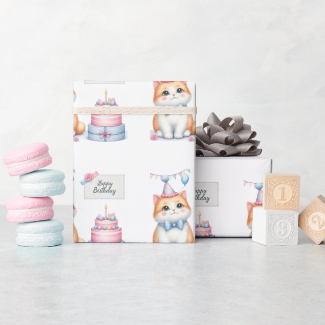 Papier Cadeau Cute Pastel Kitten Gâteau d'anniversaire - Anniver (Baby Shower)
