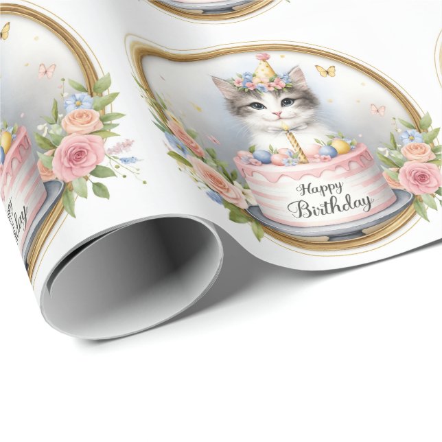 Papier Cadeau Cute Pastel Kitten Gâteau d'anniversaire - Anniver (Coin rond)