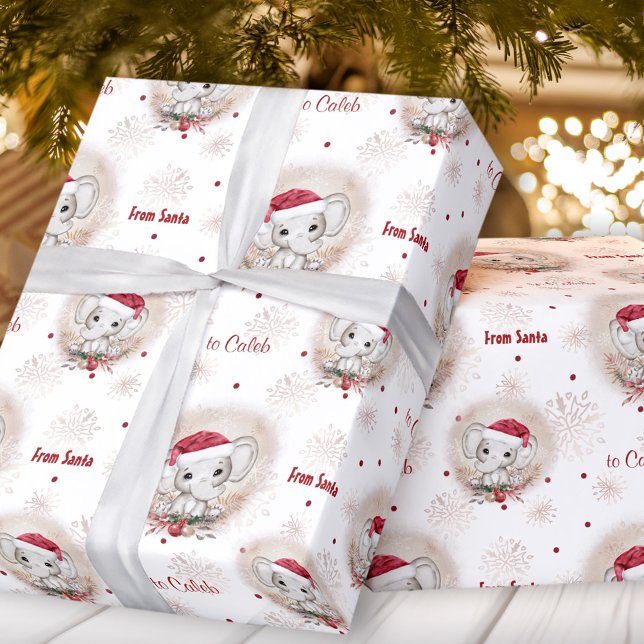 Papier Cadeau Cute Père Noël Elephant Rouge Blanc Nom du garçon  (Cute Santa Elephant Red White Boy Name Christmas Wrapping Paper)