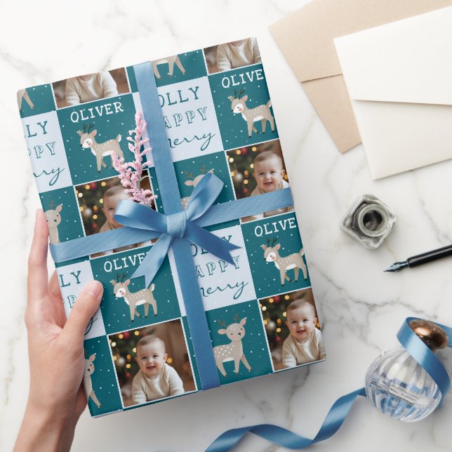 Papier Cadeau Cute Personalized Baby Photo Reindeer Christmas (Cadeaux)