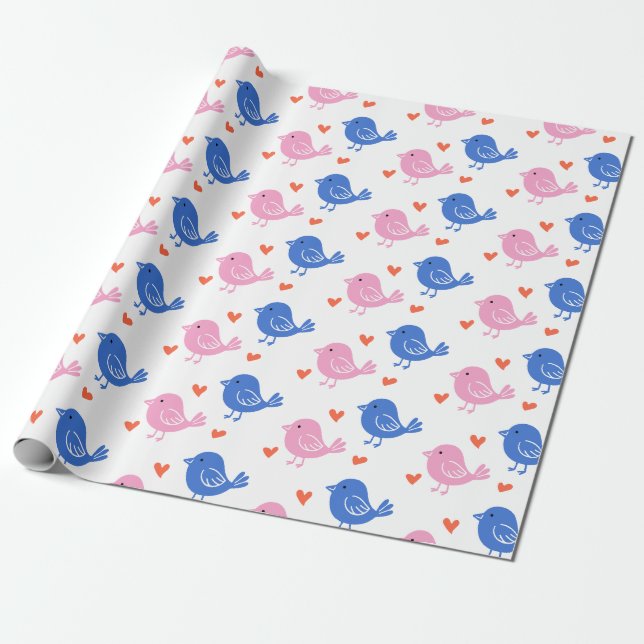 Papier Cadeau Cute Pink Blue Bird Heart Pattern Repeating Love  (Déroulé)