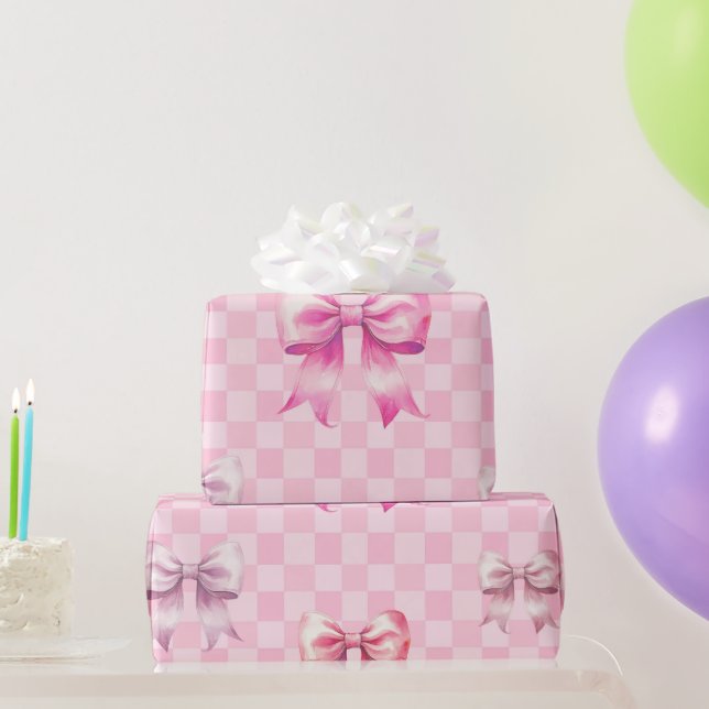 Papier Cadeau Cute Pink Ribbon and Gingham Sweet Girly Pattern (Cadeaux de fête)