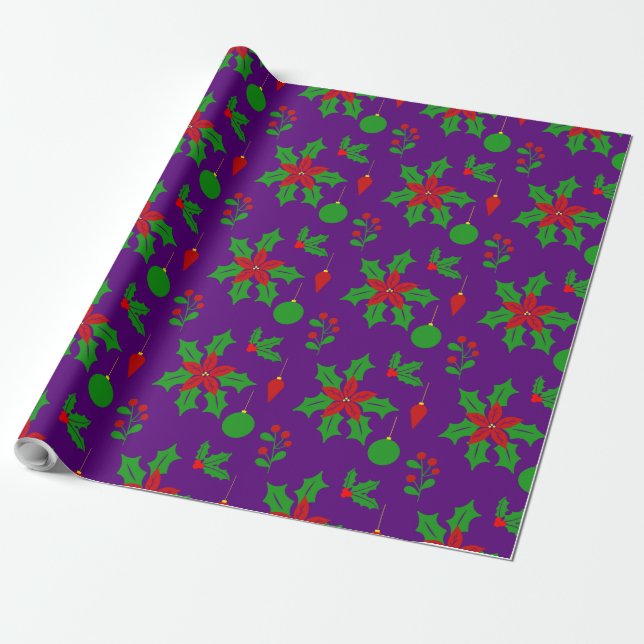 Papier Cadeau Cute Poinsettias, Hollies et Mistletos en pourpre (Déroulé)