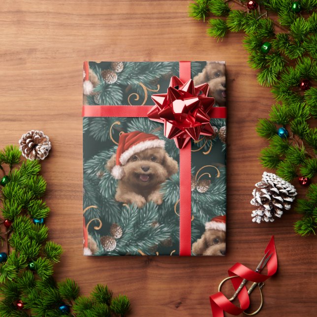 Papier Cadeau Cute Poodé Chien Santa Hat Fir Branches Pine Cônes (Cadeau de vacances)