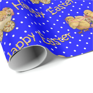 Papier Cadeau Cute Poussins de Pâques Polka bleu point Pâques