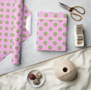Papier Cadeau Cute Preppy Noël rose et vert Chevron Wreaths
