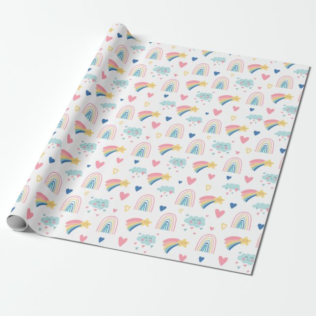 Papier Cadeau Cute Rainbow Hearts & Clouds Motif (Déroulé)
